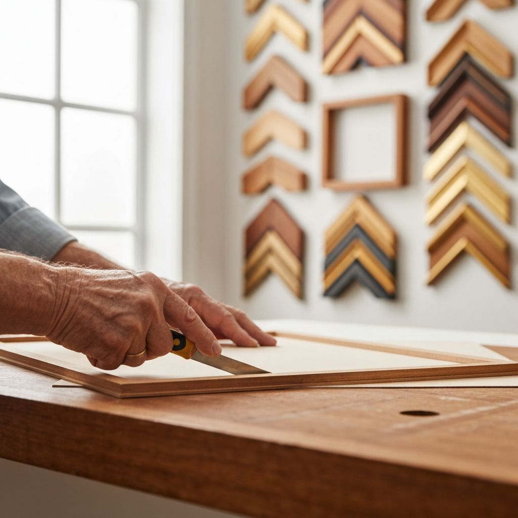 Skilled framer measuring and cutting a matte board for a custom picture frame